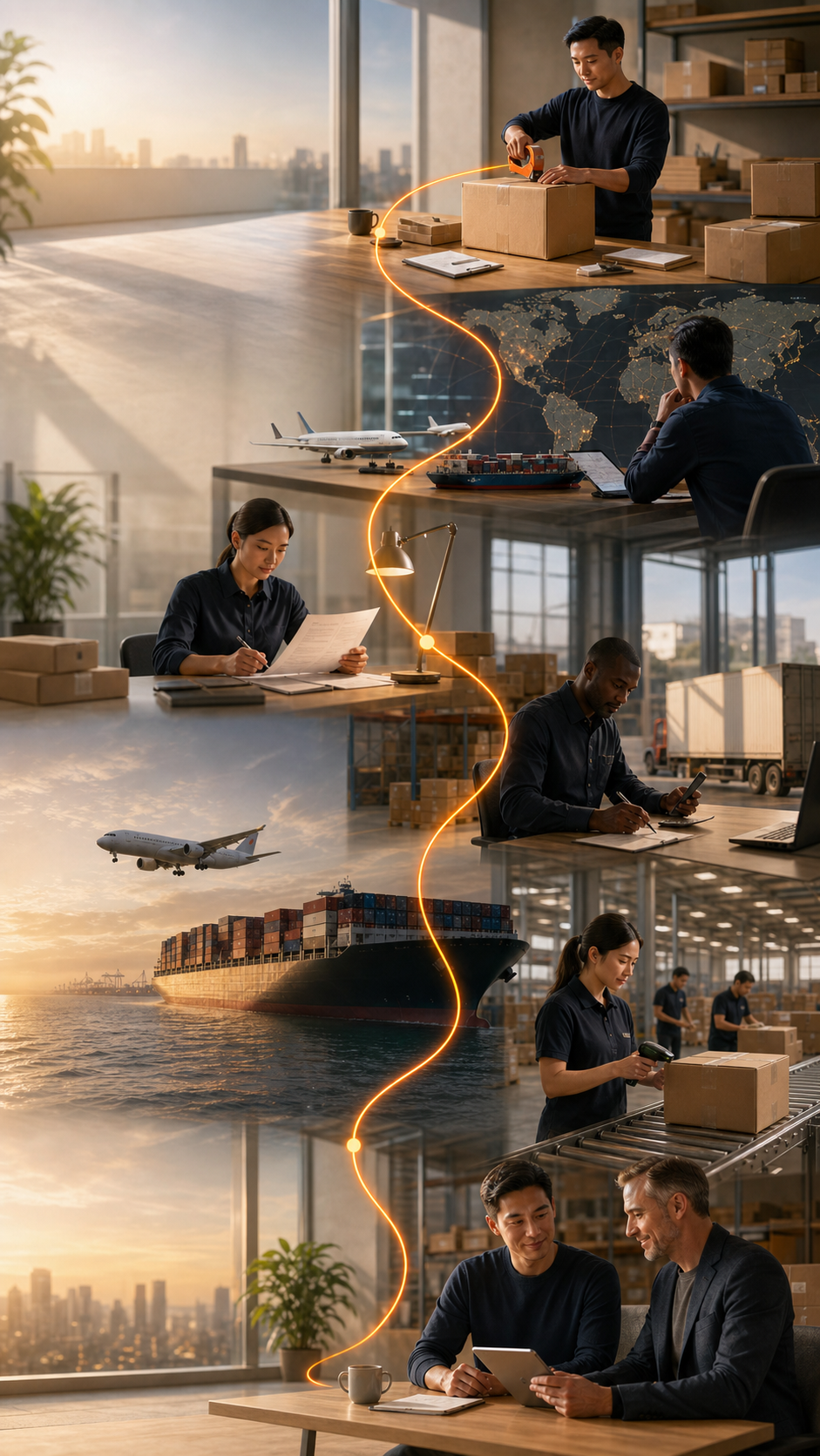 A continuous seven-stage cross-border shipment journey from preparation to advisor review