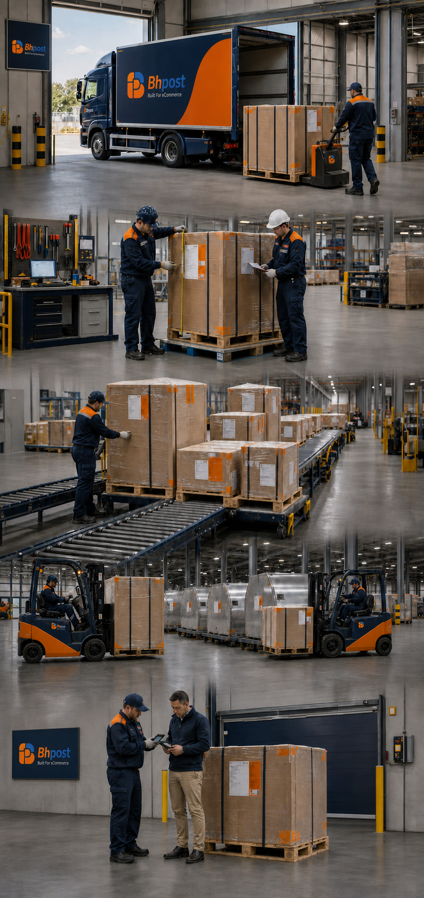 A continuous Bhpost heavy-parcel journey from commercial collection and shipment assessment through multi-piece consolidation, forklift and ULD handling, and proof-backed handover