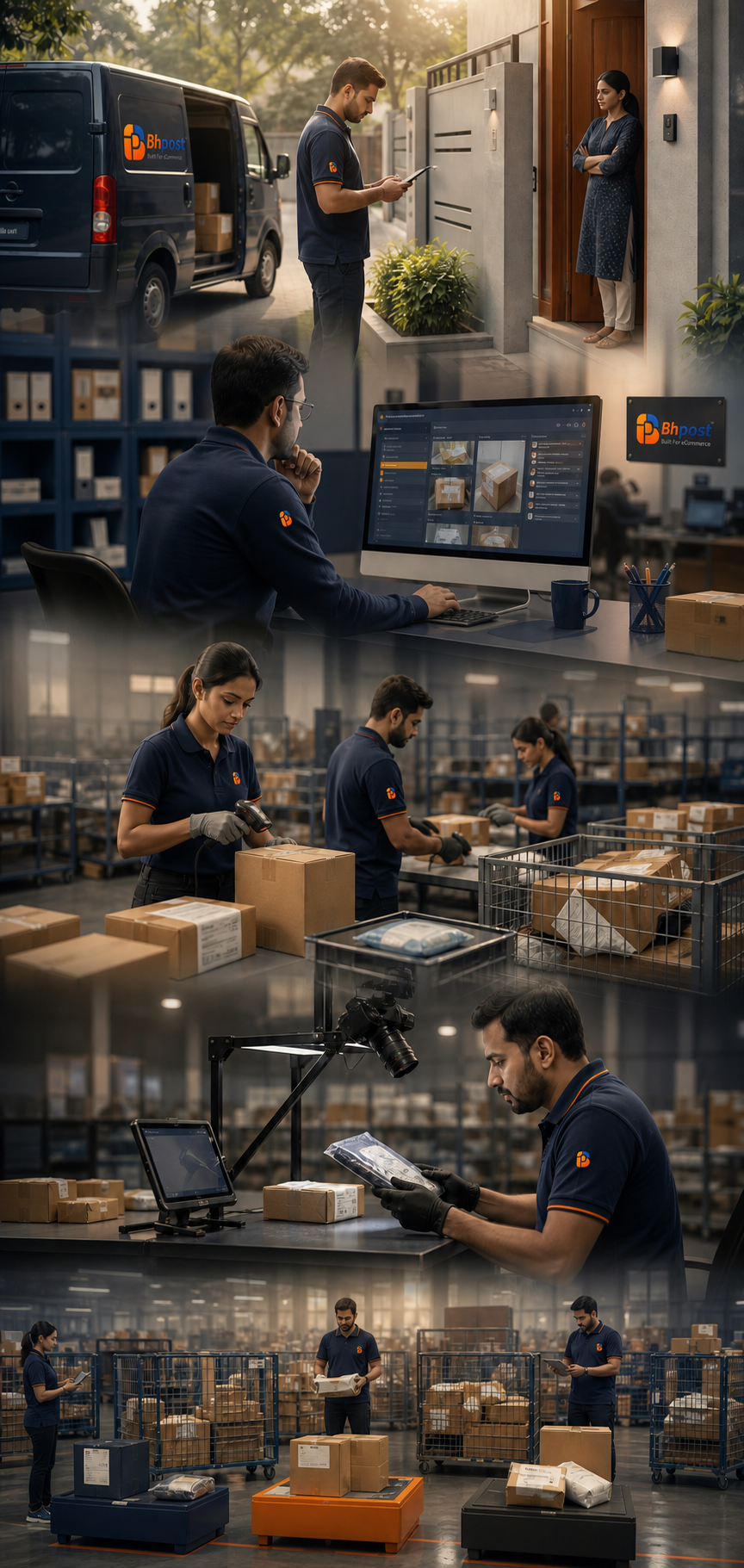 A continuous Bhpost returns and exceptions flow from a failed delivery review through parcel-level analysis, return intake, evidence inspection and organised resolution