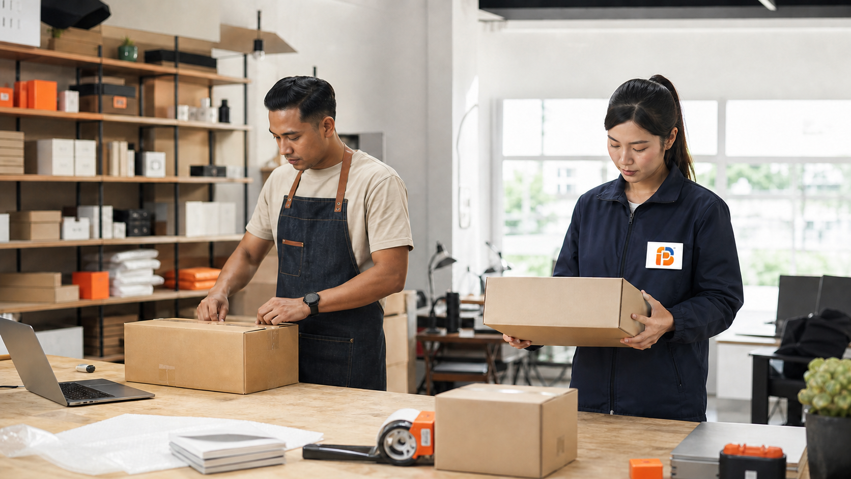 A shipper continuing normal dispatch work while a Bhpost field executive completes a final parcel check beside them