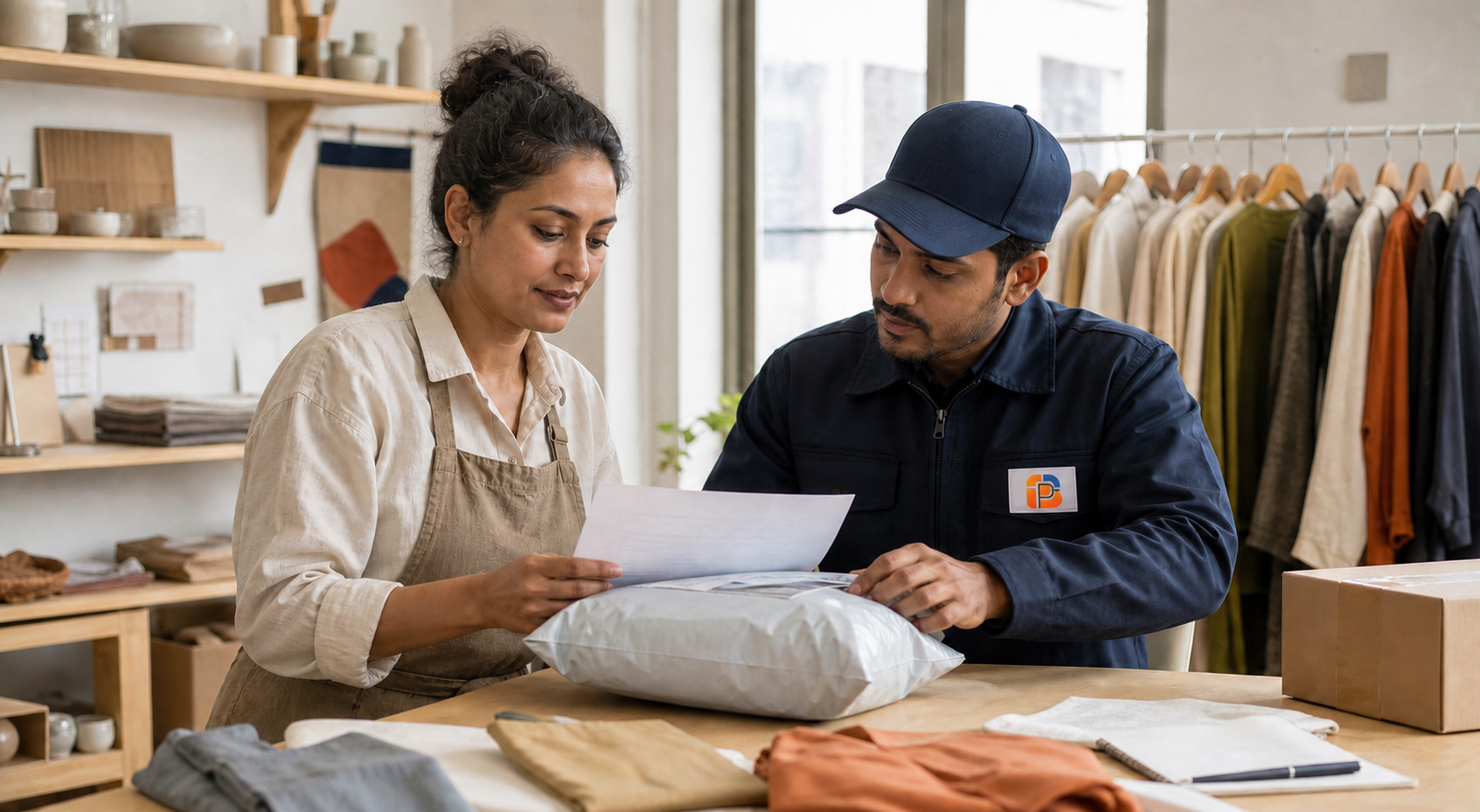 A small-business shipper and a Bhpost field executive reviewing a parcel issue together in the shipper's studio