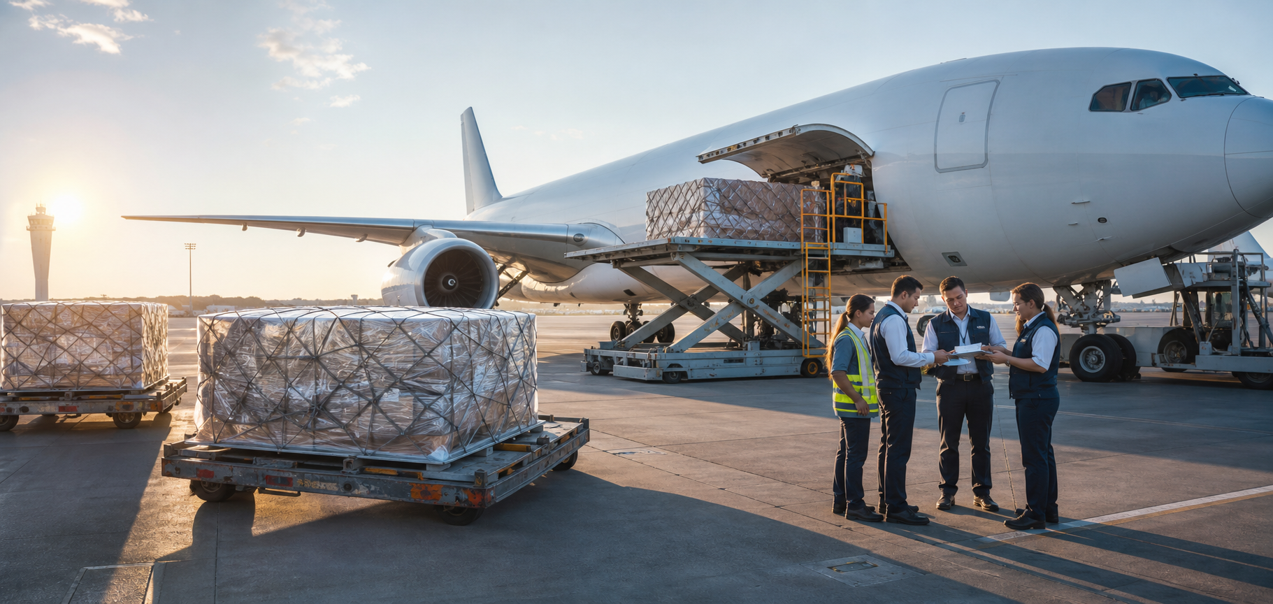 An airport cargo team reviewing a pallet handover beside a freighter aircraft