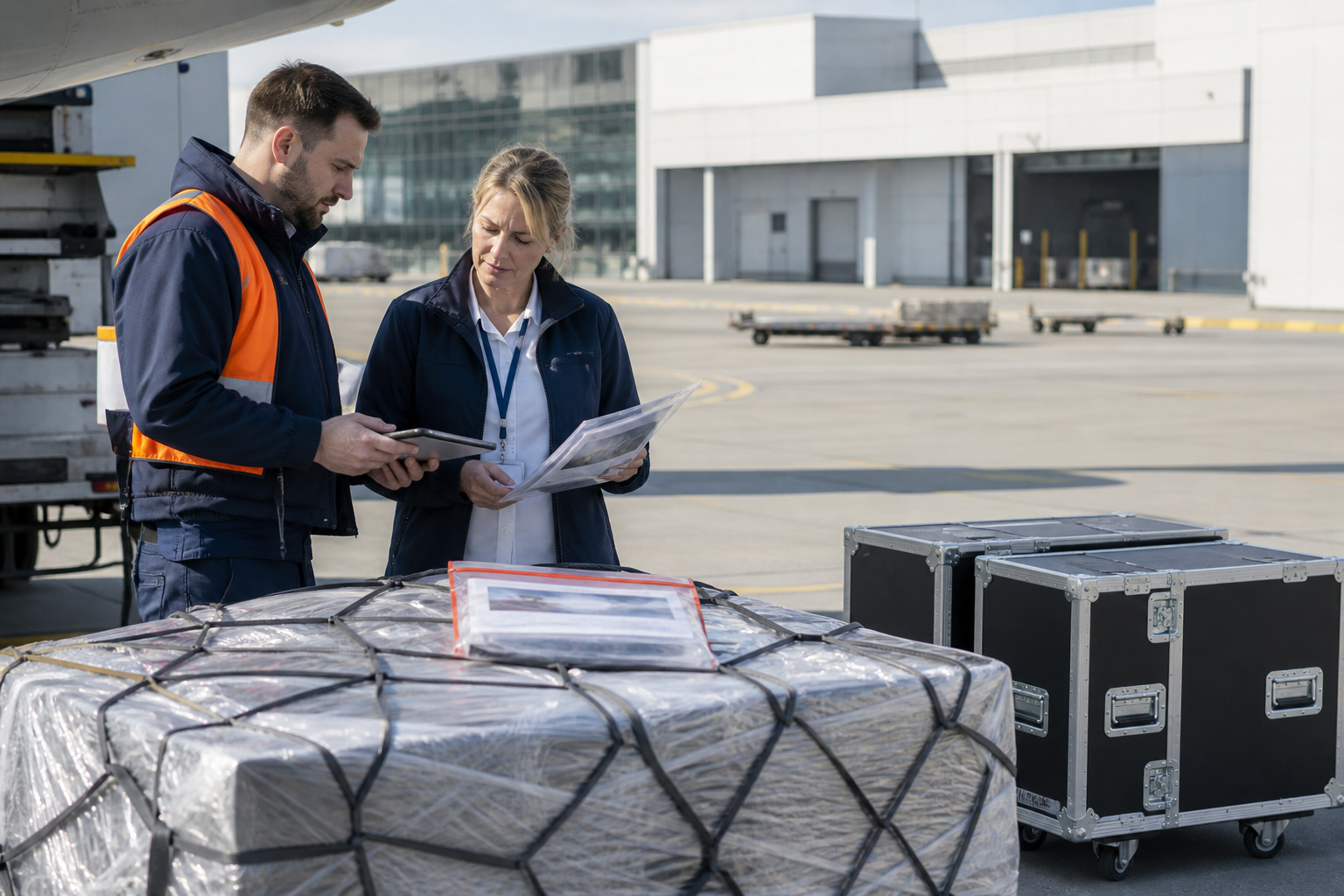 An operations coordinator and customer representative reviewing arrival-side cargo evidence