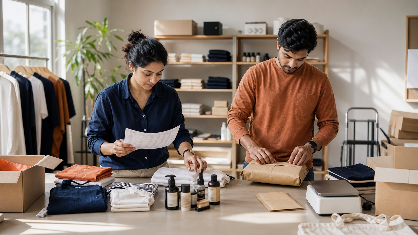 A D2C founder and operations colleague reviewing an order while preparing a parcel in a bright brand studio