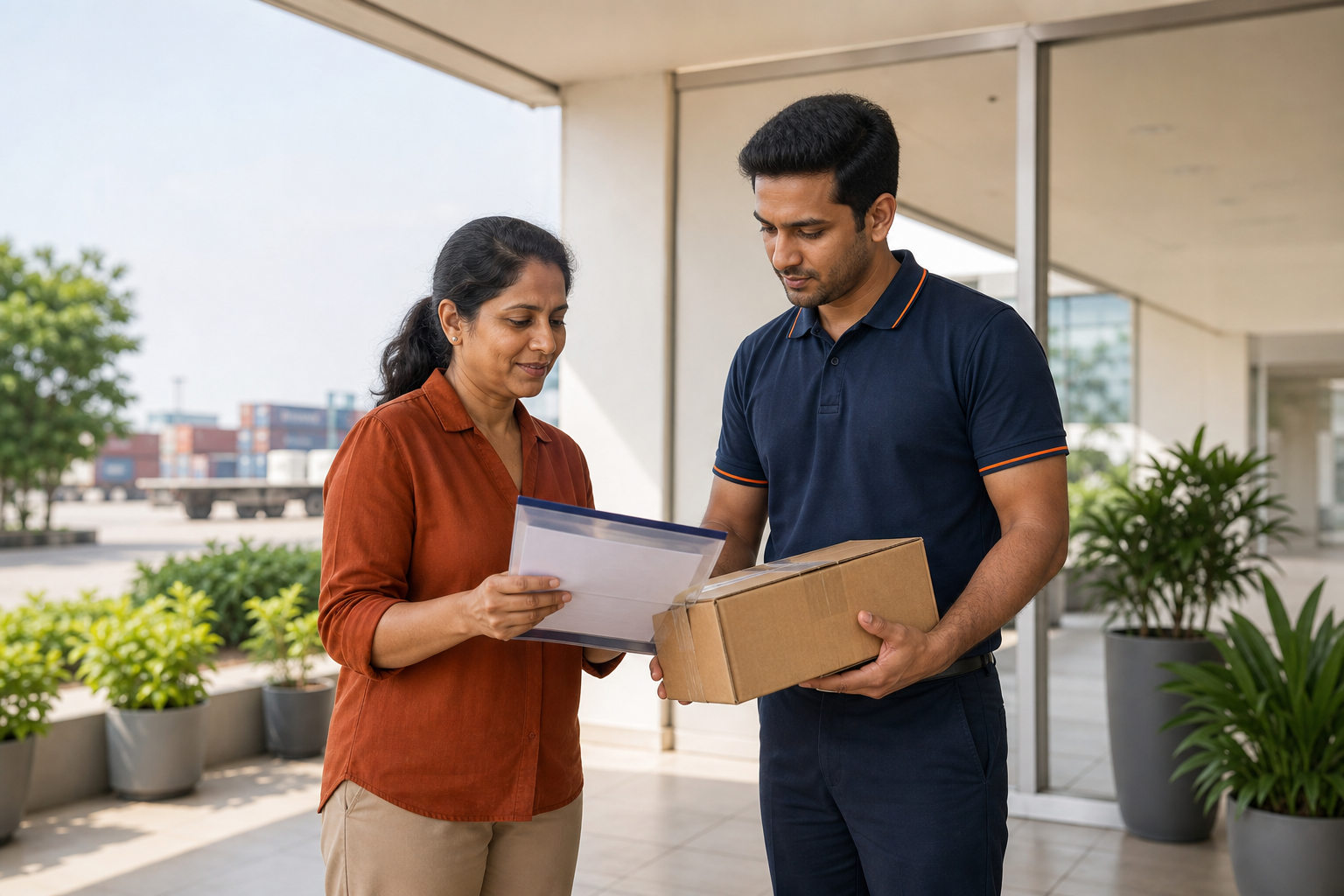 An exporter and operations professional reviewing a prepared parcel and its evidence folder at handover