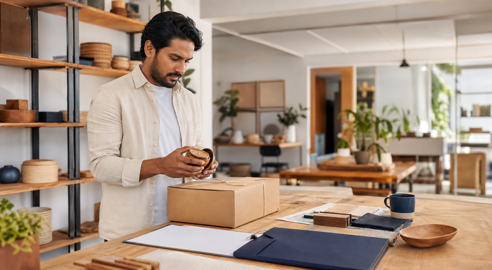 An exporter reviewing a product sample, parcel and shipment documents in a bright product studio