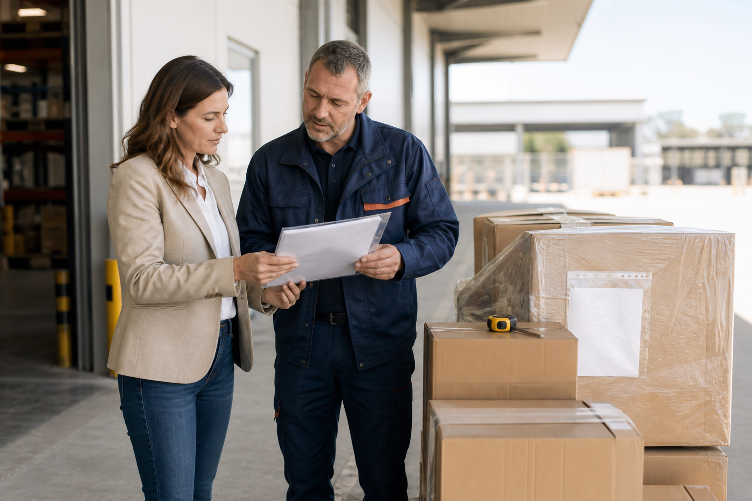 A seller operations lead and fulfilment-centre receiving coordinator reviewing an inbound shipment brief