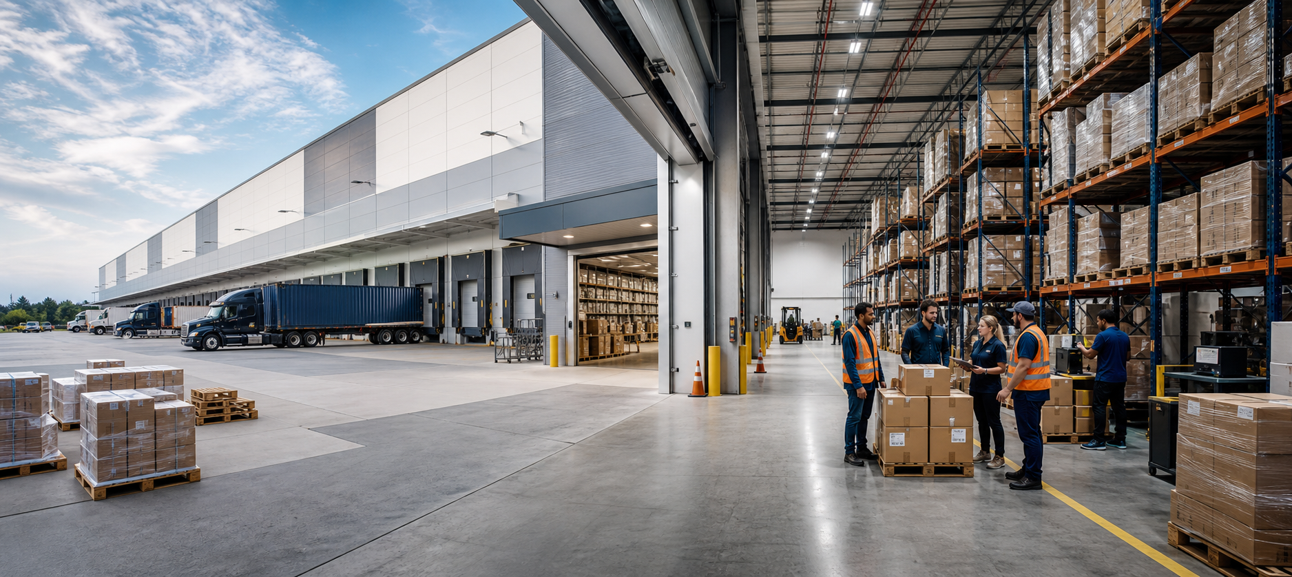 A large fulfilment centre shown as one continuous exterior and interior arrival operation