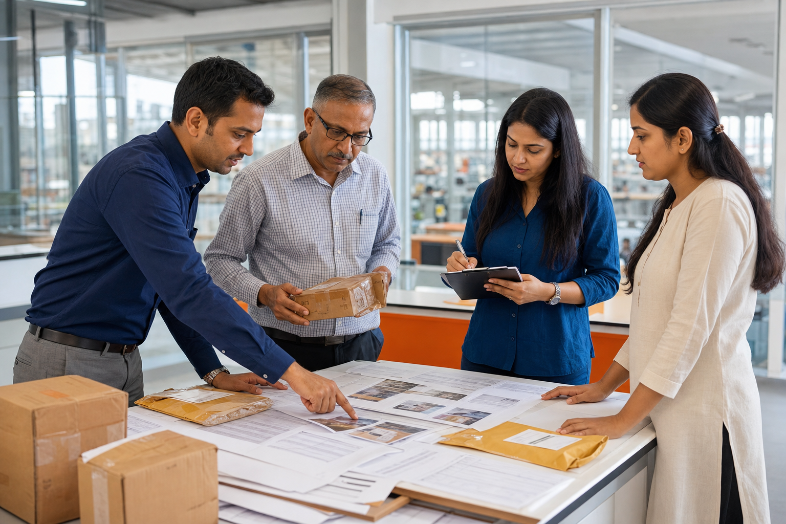 A cross-functional operations team reviewing parcel evidence and agreeing the next action