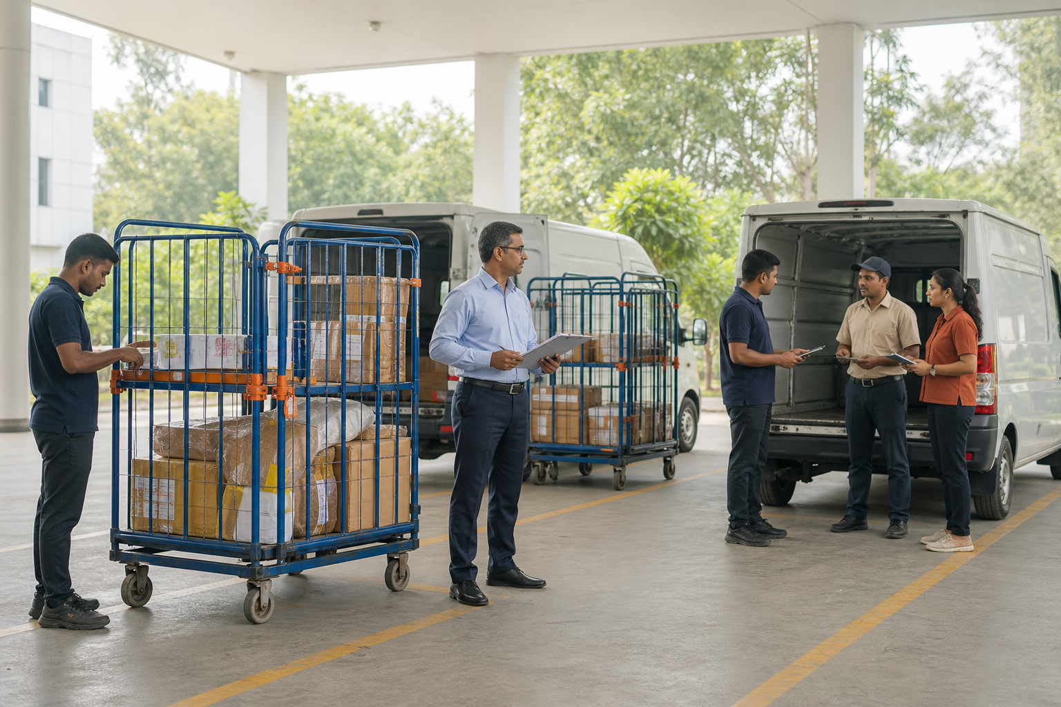 A high-volume operations team coordinating a parcel handover beside organized dispatch cages