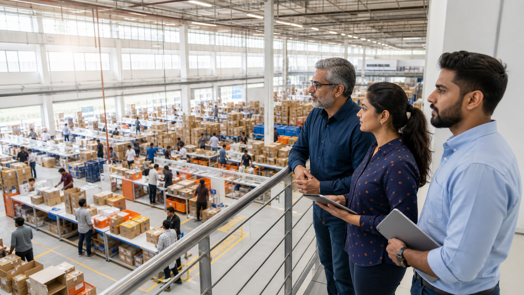 An operations team overseeing a bright high-volume parcel preparation floor