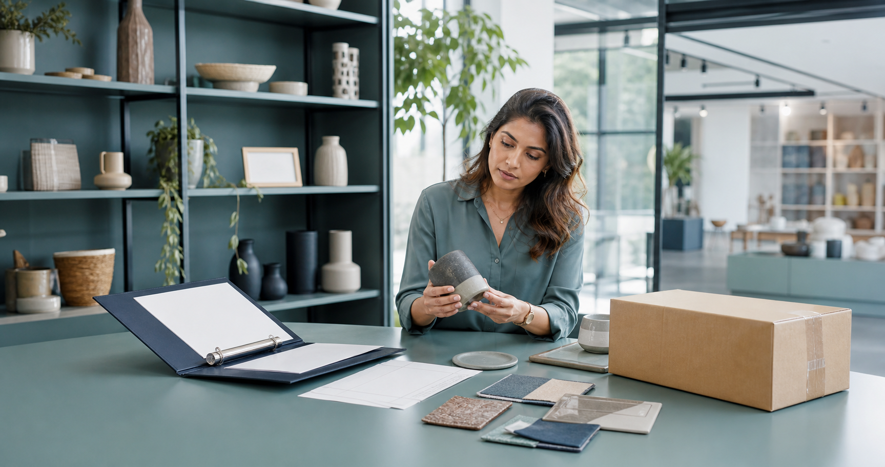 An importer reviewing an inbound product sample, supplier information and shipment materials in a bright showroom office