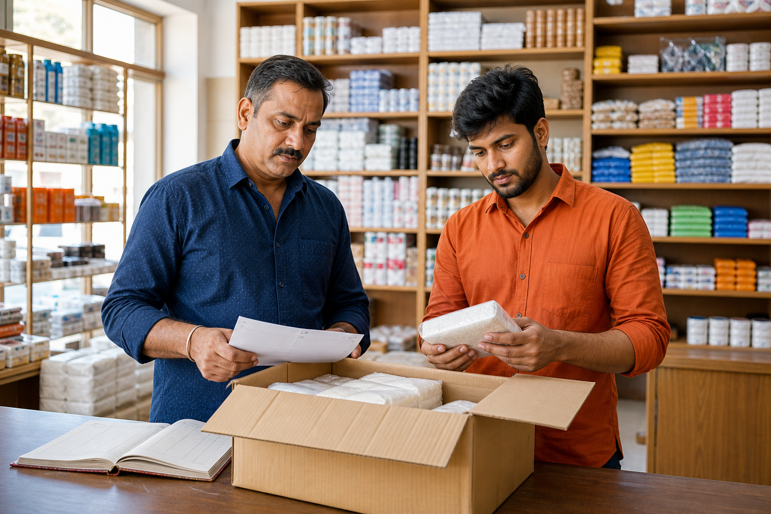 A wholesale shopkeeper and family colleague reviewing a shipment issue and its supporting record