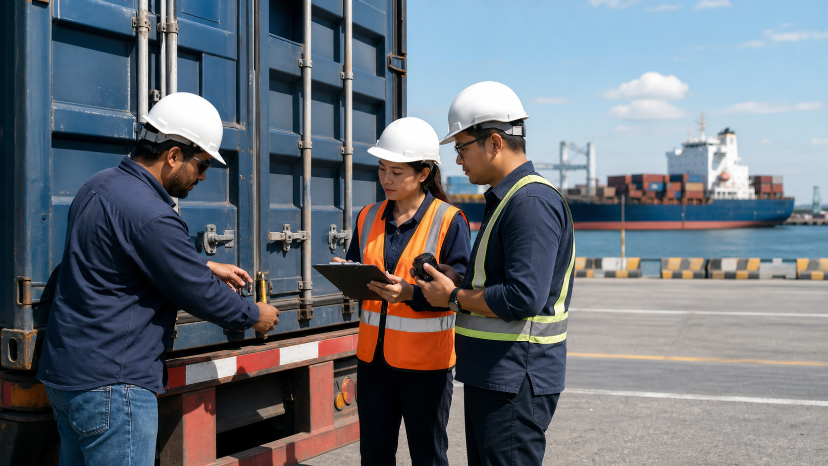 A port team reviewing container seal and arrival handover evidence