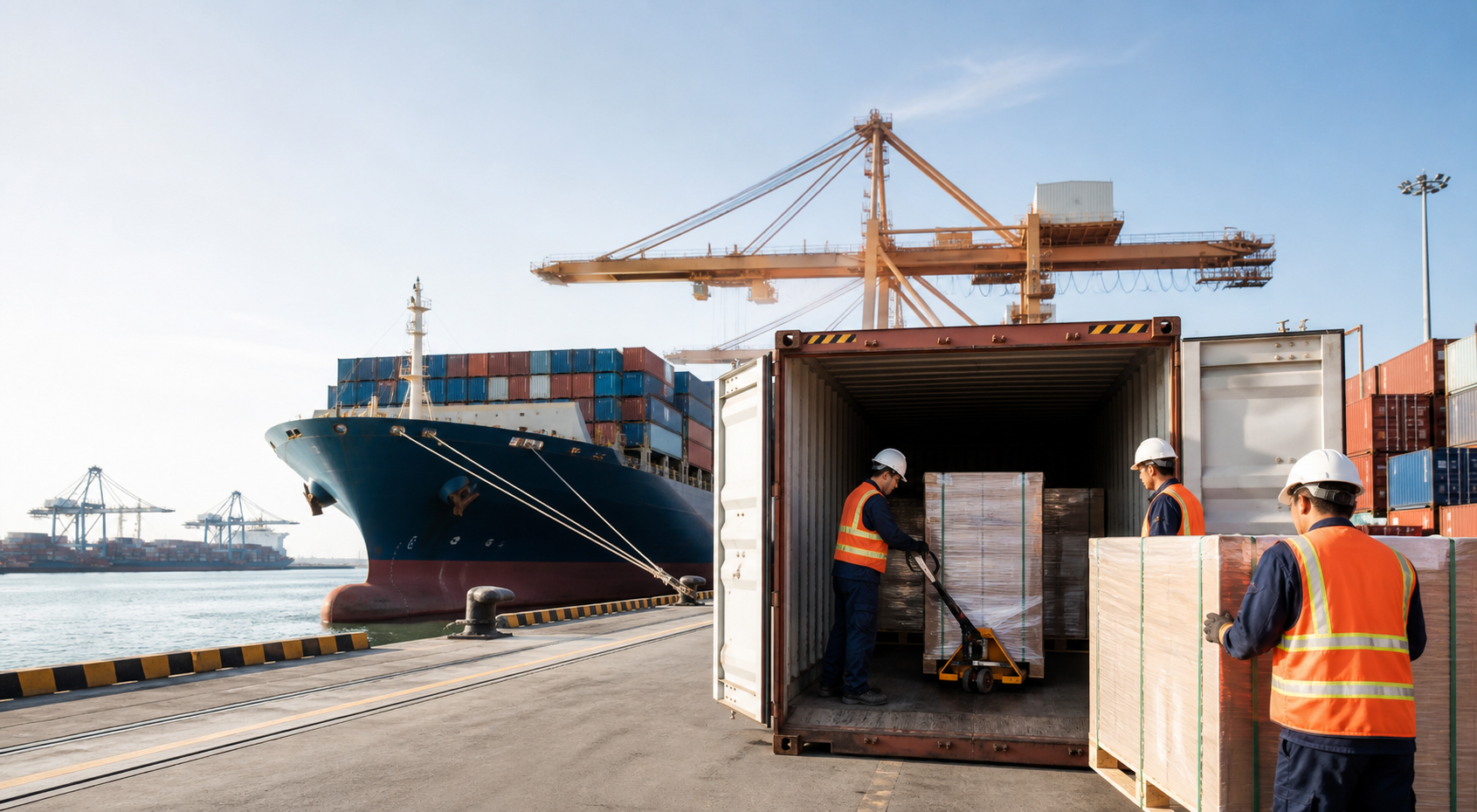 An open container being loaded beside a container vessel and quay cranes