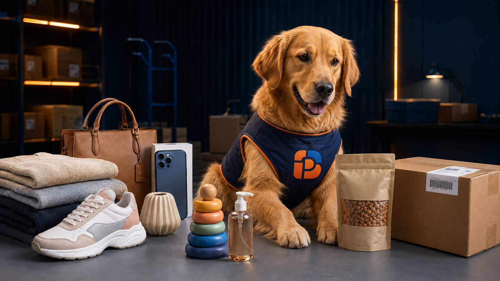 A golden retriever Bhpost mascot beside fashion, electronics, footwear, toys, home, beauty and pet-food products
